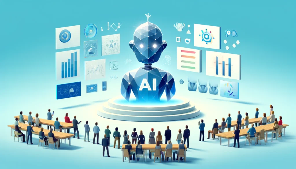 A-low-poly-art-style-image-representing-Unveiling-AI-in-Marketing.-The-scene-includes-a-group-of-people-composed-of-geometric-shapes-observing-a-gr