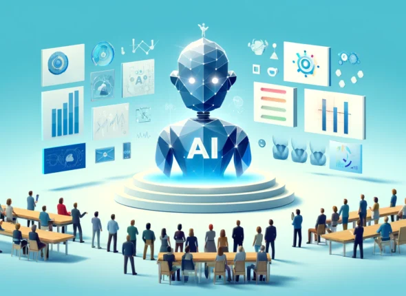 A-low-poly-art-style-image-representing-Unveiling-AI-in-Marketing.-The-scene-includes-a-group-of-people-composed-of-geometric-shapes-observing-a-gr